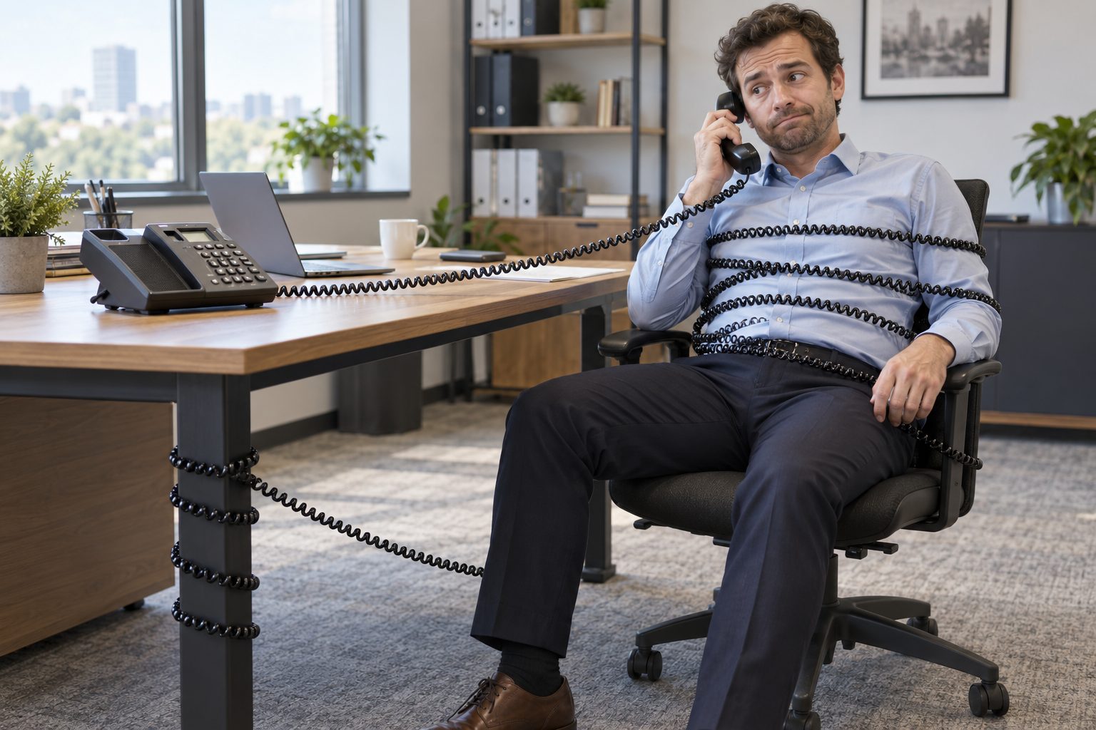 Office worker wrapped to his chair by the coiled cord of a desk phone, tied to his desk