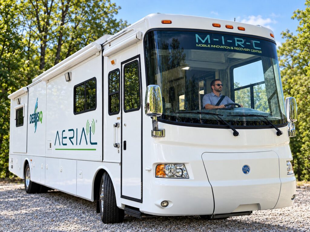The Aerial Infrastructure Mobile Innovation and Recovery Center parked on gravel, a white coach with M-I-R-C lettering across the windshield and the Aerial and DebrisIQ logos on the side