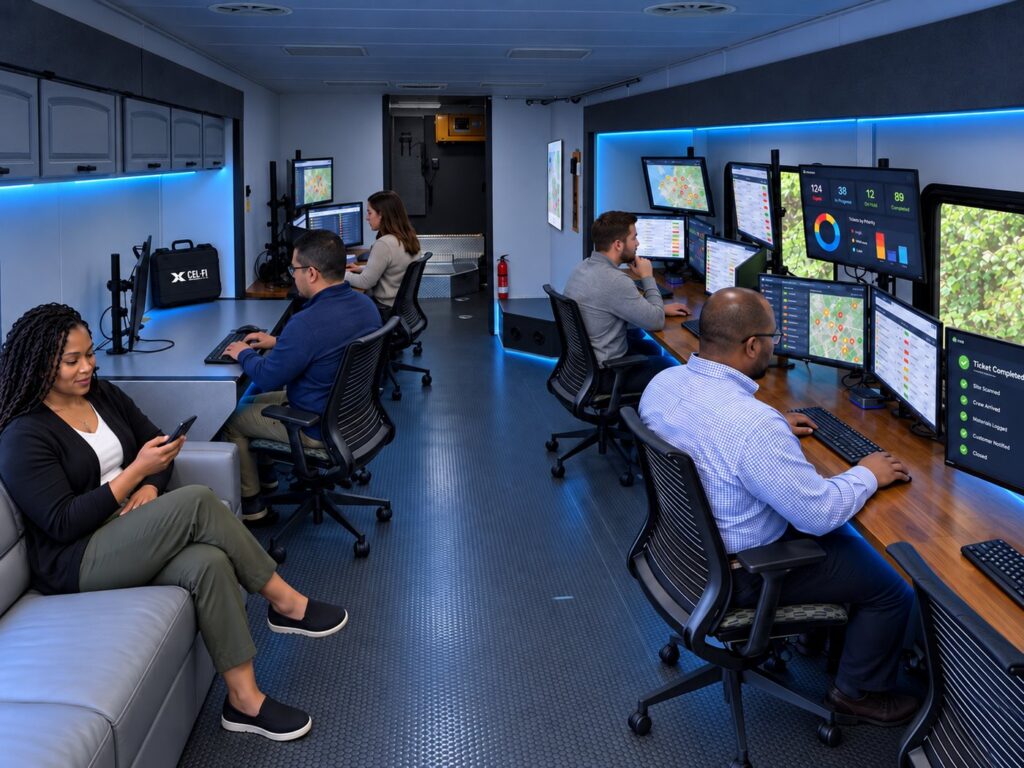 Wide view inside the Mobile Innovation and Recovery Center showing the full length of the cabin, a seating area, and staff working at monitors along both sides