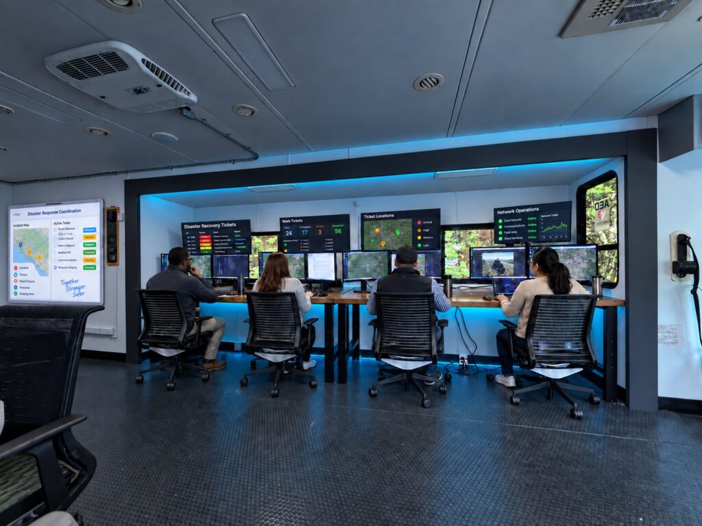 Four Aerial Infrastructure staff working at the operations desk inside the Mobile Innovation and Recovery Center, with disaster recovery ticket boards and network operations dashboards on the monitors above them