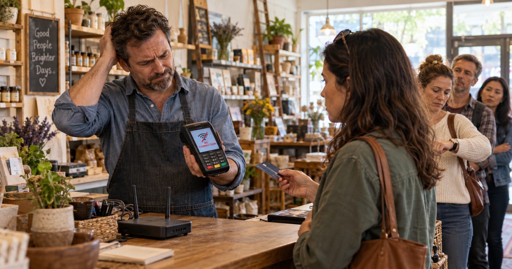 Frustrated shop owner holding a card terminal that reads No Connection while a customer waits with her card and a line forms behind her