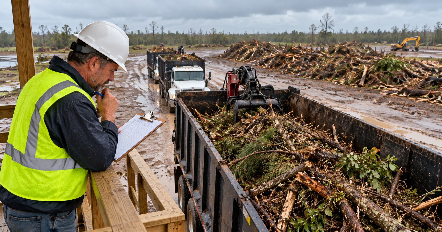 Debris monitor in a hard hat and safety vest on an inspection tower, studying a grapple truck loaded with storm debris and writing on a load ticket while more trucks wait in line
